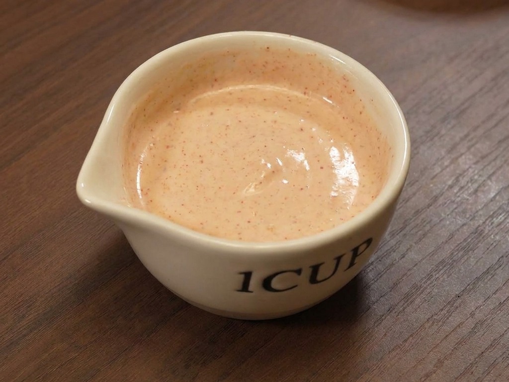 Eine kleine weiße Keramikschale mit einer glatt gerührten, lachsfarbenen Burger-Sauce auf einem Holztisch.