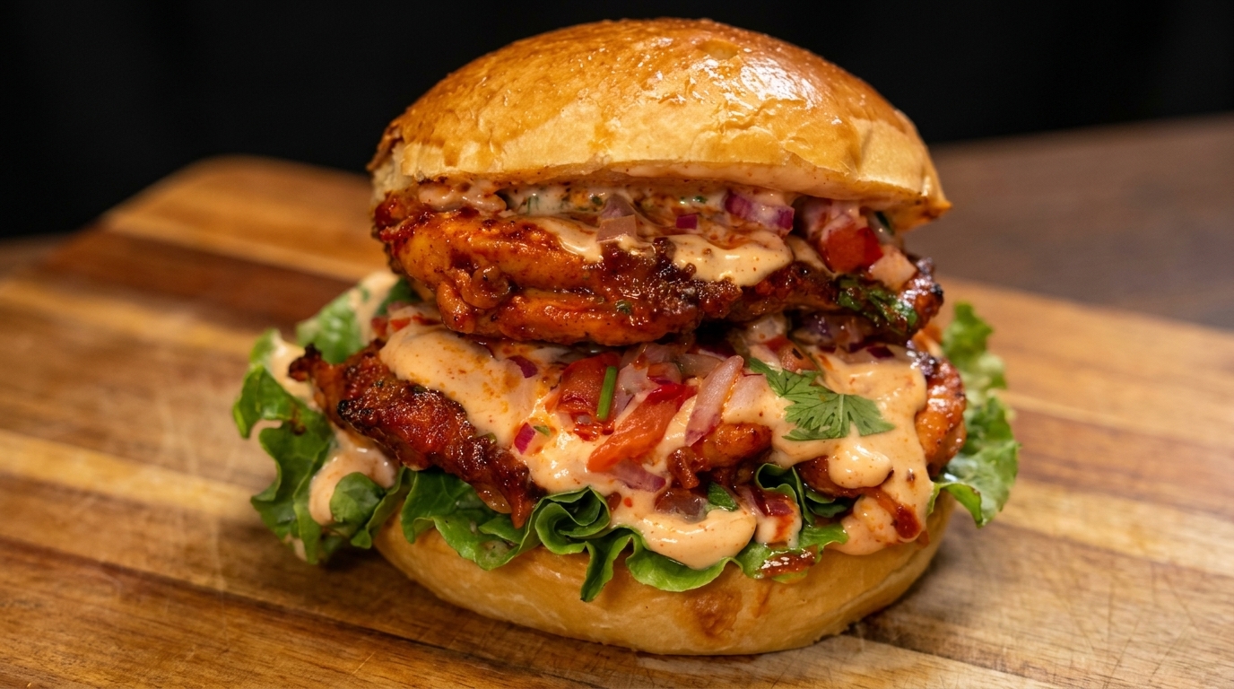 Ein geschichteter mexikanischer Chicken Burger mit gegrillten Hähnchenoberschenkeln, frischer Tomaten-Salsa und cremiger Chili-Sauce