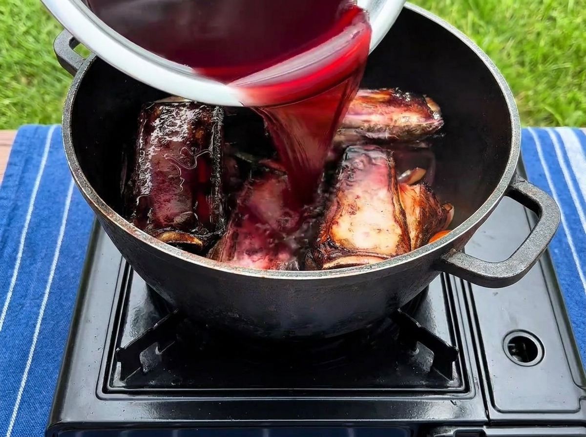 Dunkelrote Rotweinmarinade wird aus einer Edelstahlschüssel in einen schwarzen Gusseisentopf mit Rinderrippen und Gemüse gegossen.