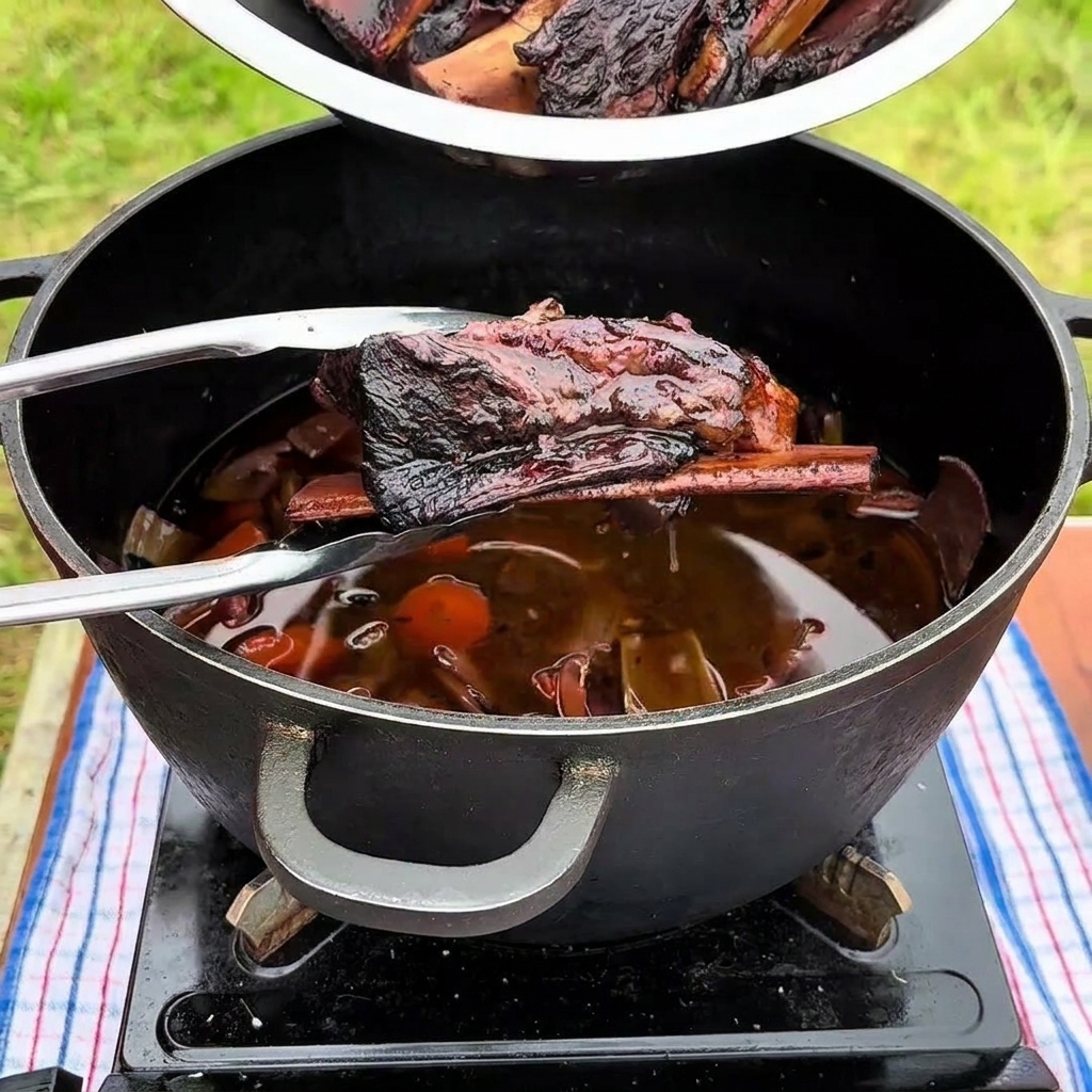 Eine Metallzange hebt eine große, dunkel geschmorte Rinderrippe aus einem schwarzen Topf mit Rotweinsoße und weichen Karotten.