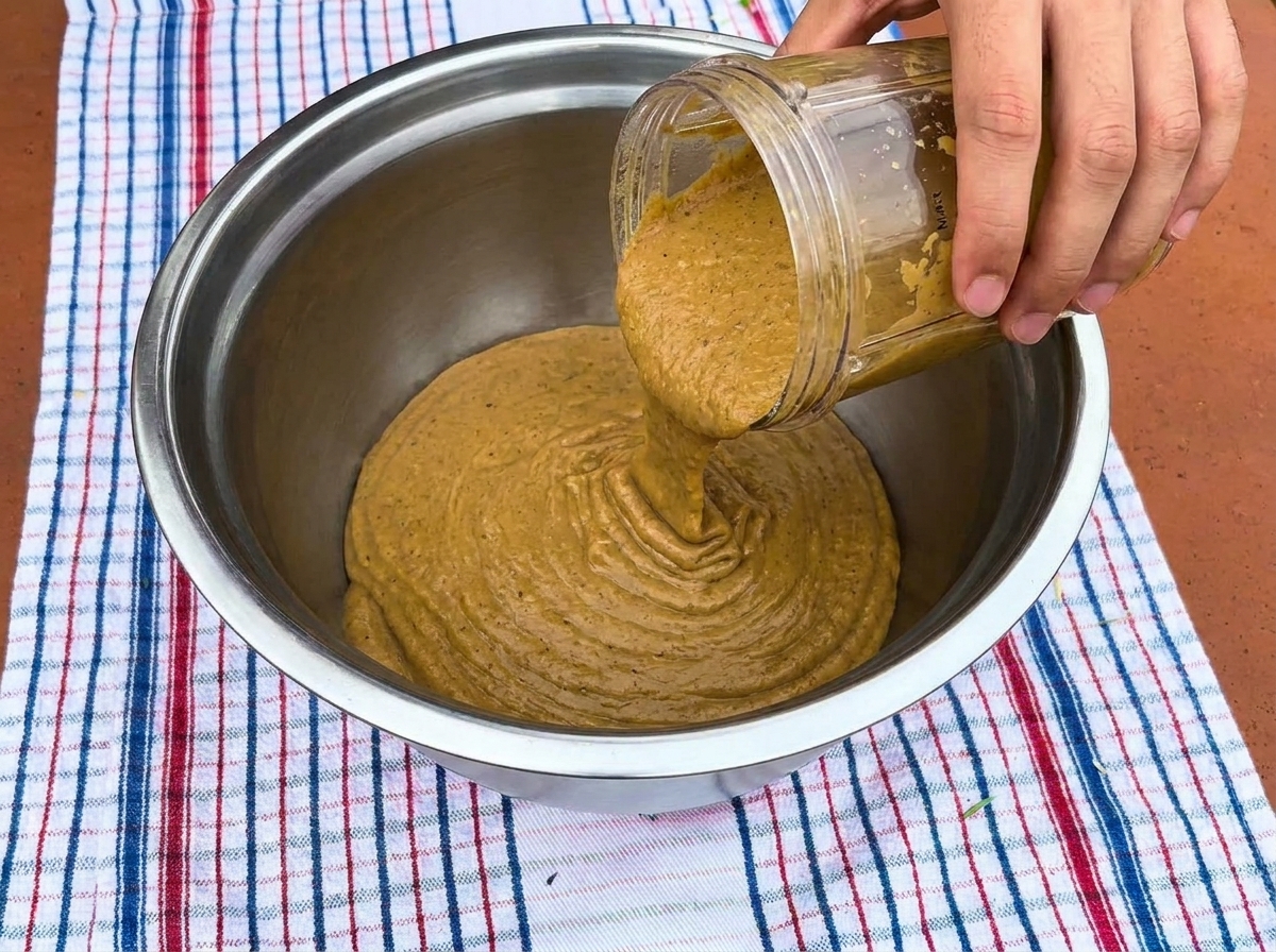 Ein dickflüssiges Gemüsepüree wird aus einem Mixer in eine Edelstahlschüssel gegossen.
