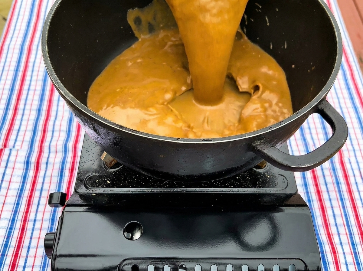 Eine dickflüssige, braune Soße wird in einen schwarzen Topf auf einem Gaskocher gegossen.