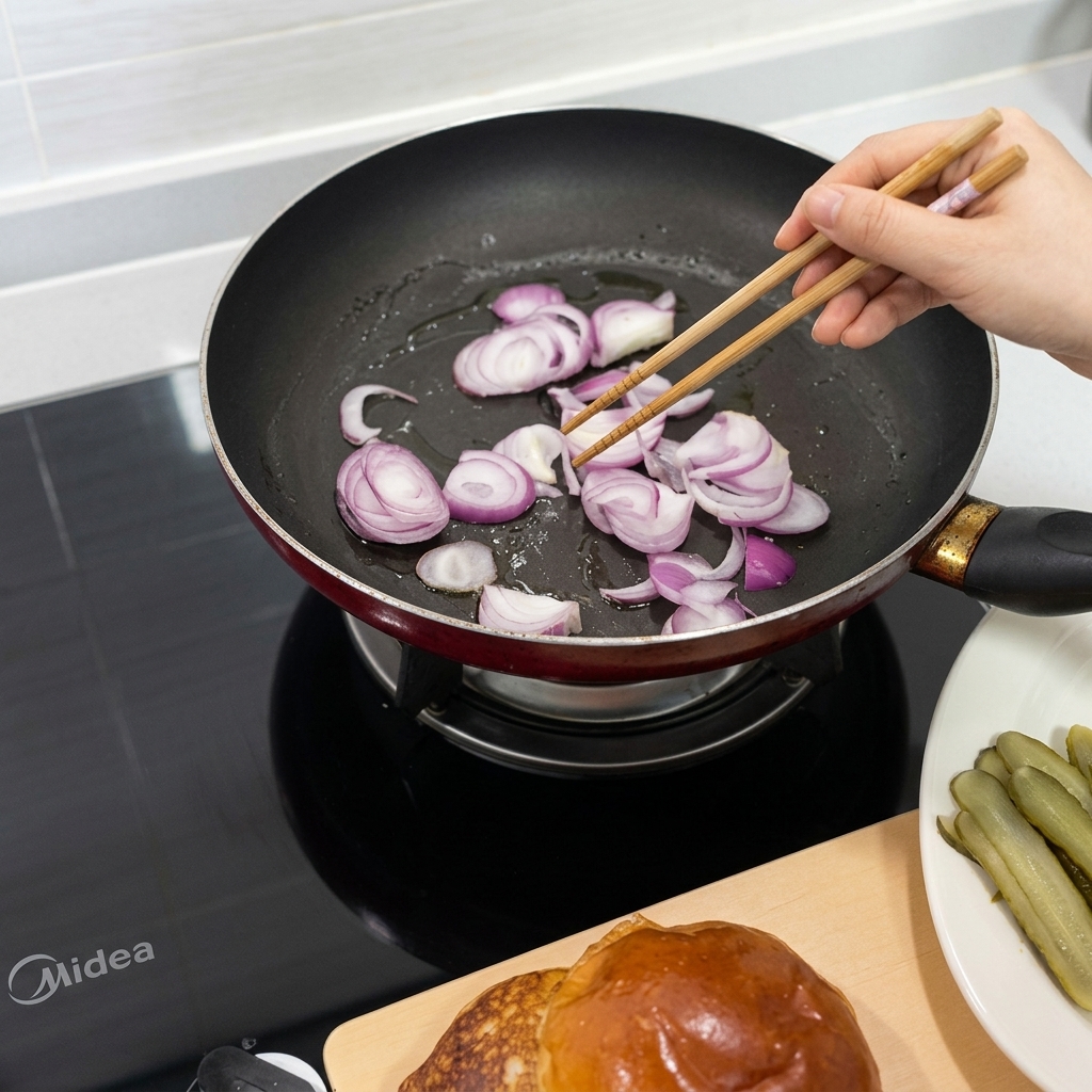 Rote Zwiebelringe werden mit Essstäbchen in einer Pfanne angebraten, bis sie weich und aromatisch sind.