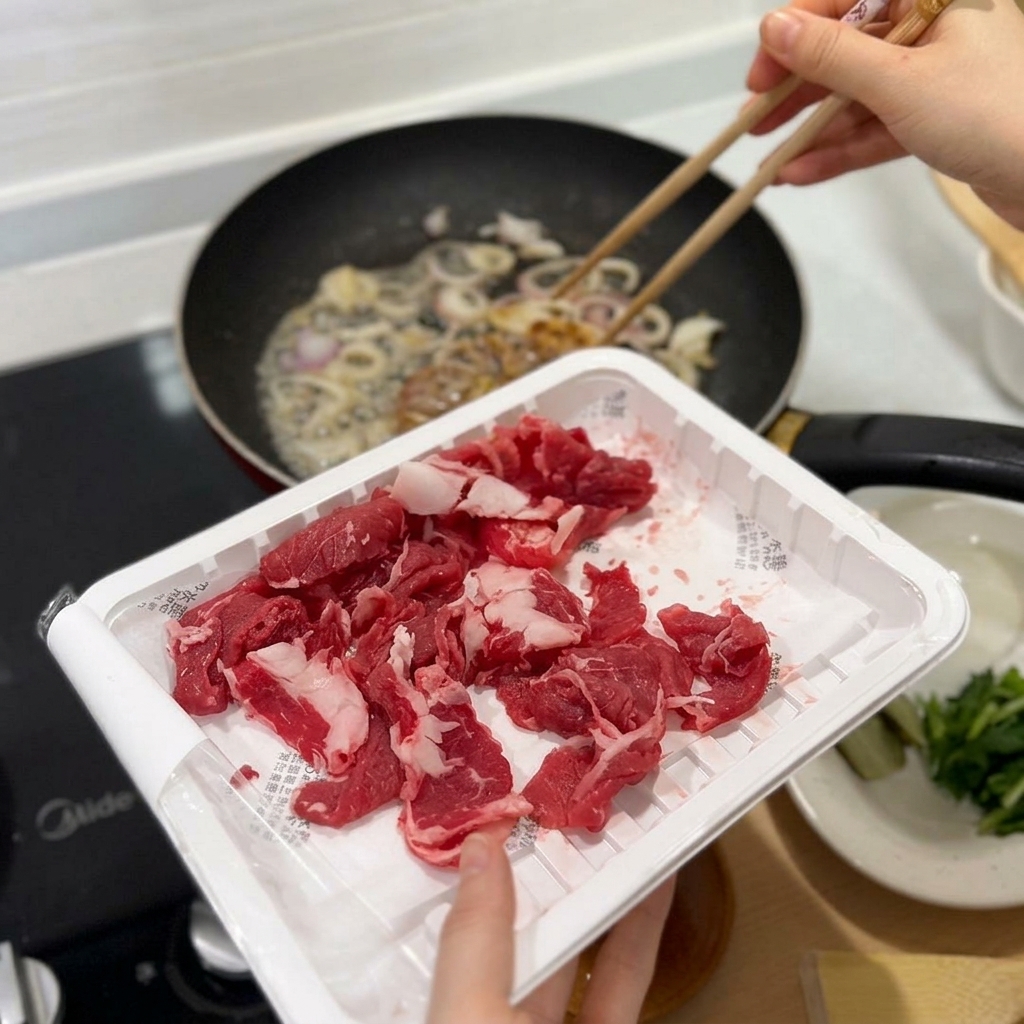 Eine Schale mit frischem, dünn geschnittenem rohem Rindfleisch wird über eine Pfanne mit bratenden Zwiebeln gehalten.