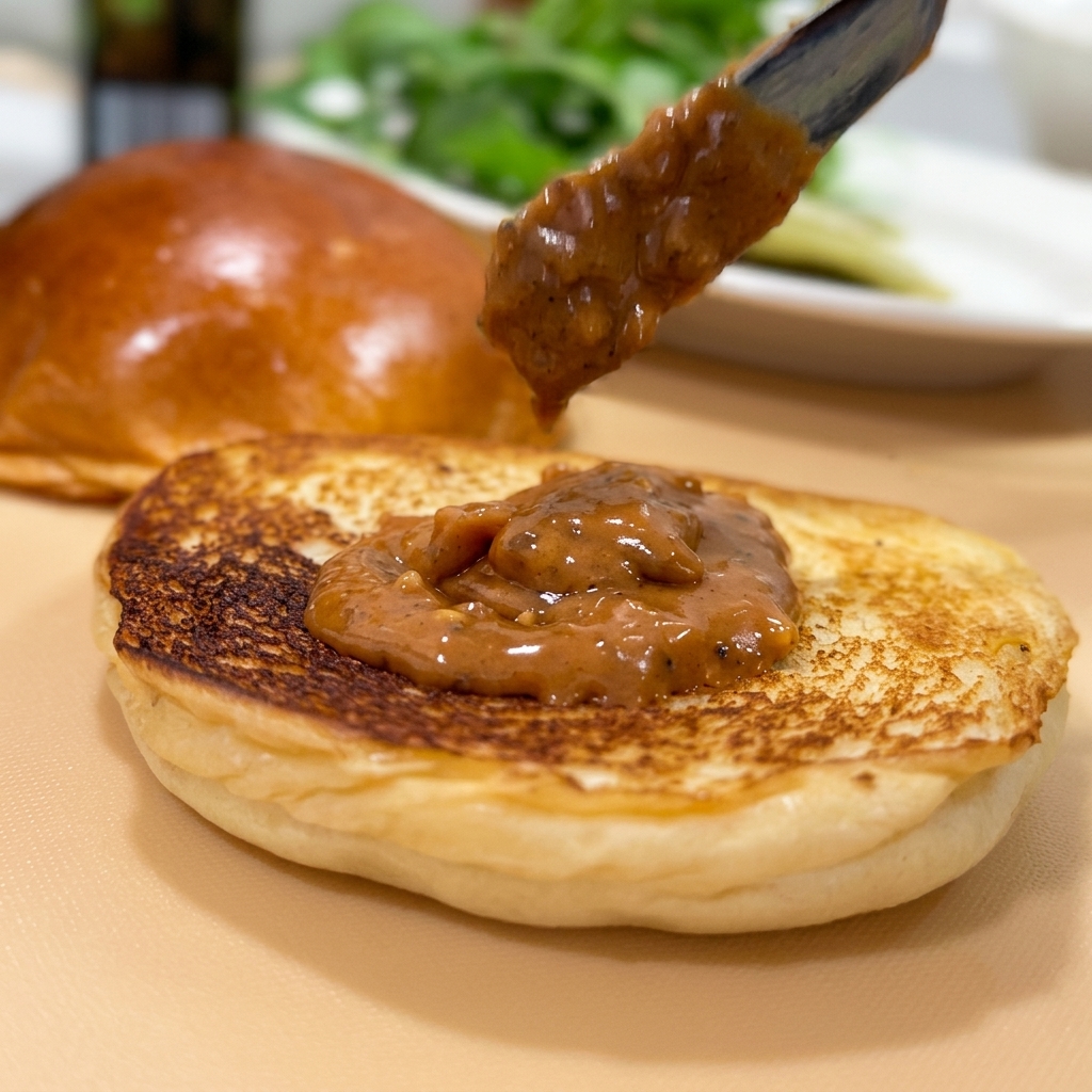 Ein Messer streicht eine dicke, herzhafte Erdnusssauce auf die goldbraune Oberfläche eines getoasteten Brioche-Brötchens.