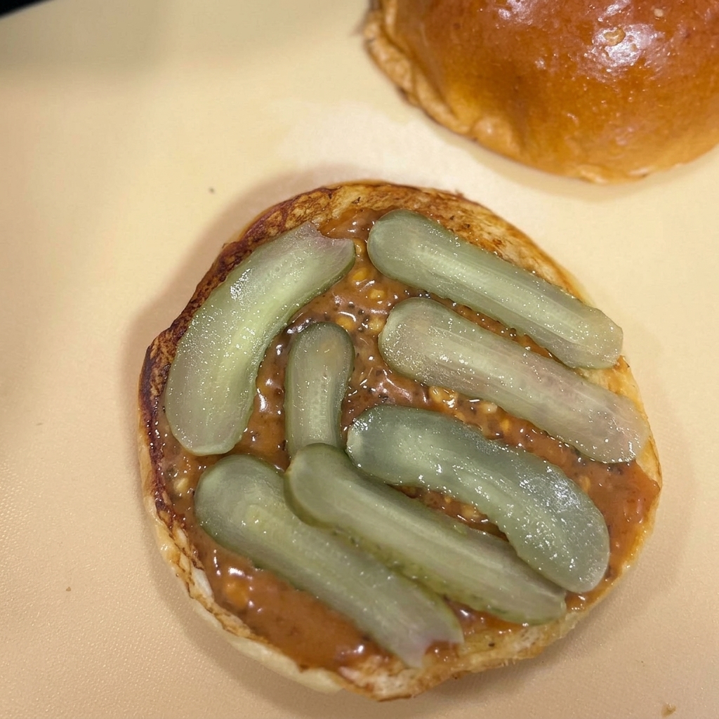Gewürzgurkenscheiben liegen flach auf einer herzhaften braunen Sauce auf der Unterseite eines Brioche-Brötchens.