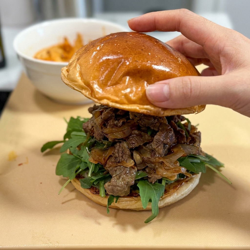 Eine Hand setzt die glänzende Oberseite eines getoasteten Brioche-Brötchens auf einen fertig geschichteten Rindfleisch-Burger.
