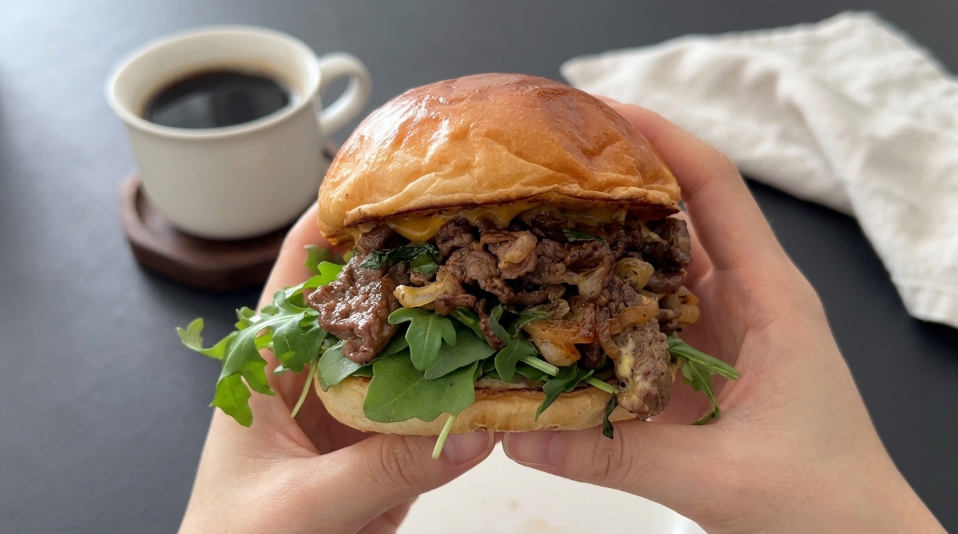 Gourmet-Burger mit saftigem Rindfleisch und karamellisierten Zwiebeln