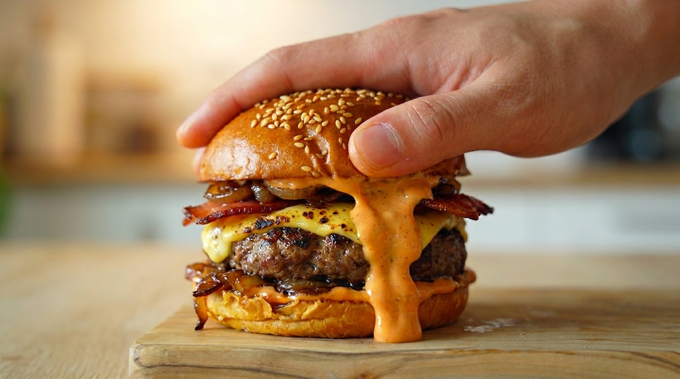 Ein handgemachter Gourmet-Rindfleisch-Burger mit flambiertem Käse, knusprigem Speck und Zwiebel-Konfitüre auf einem glänzenden Sesam-Brioche-Bun