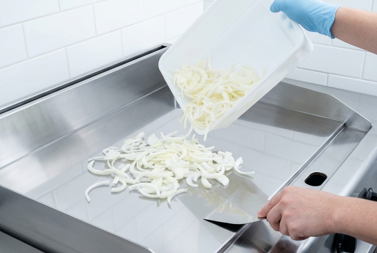 Rohe Zwiebelstreifen werden von einer Person mit blauen Handschuhen auf einer großen, sauberen Edelstahl-Grillplatte verteilt.