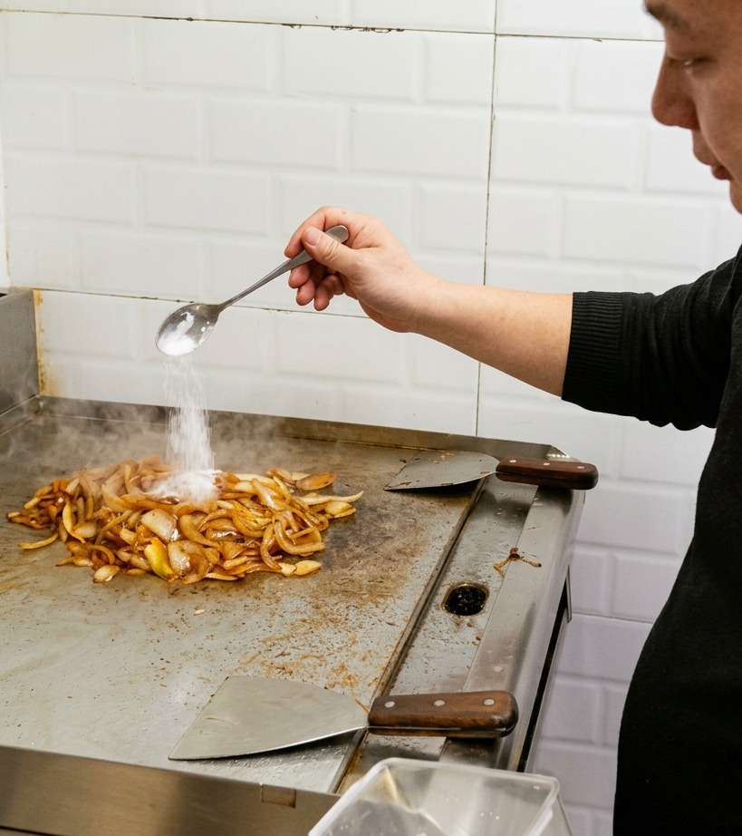 Weißer Streuzucker wird mit einem Löffel über tiefbraune karamellisierte Zwiebeln auf dem Grill gestreut.