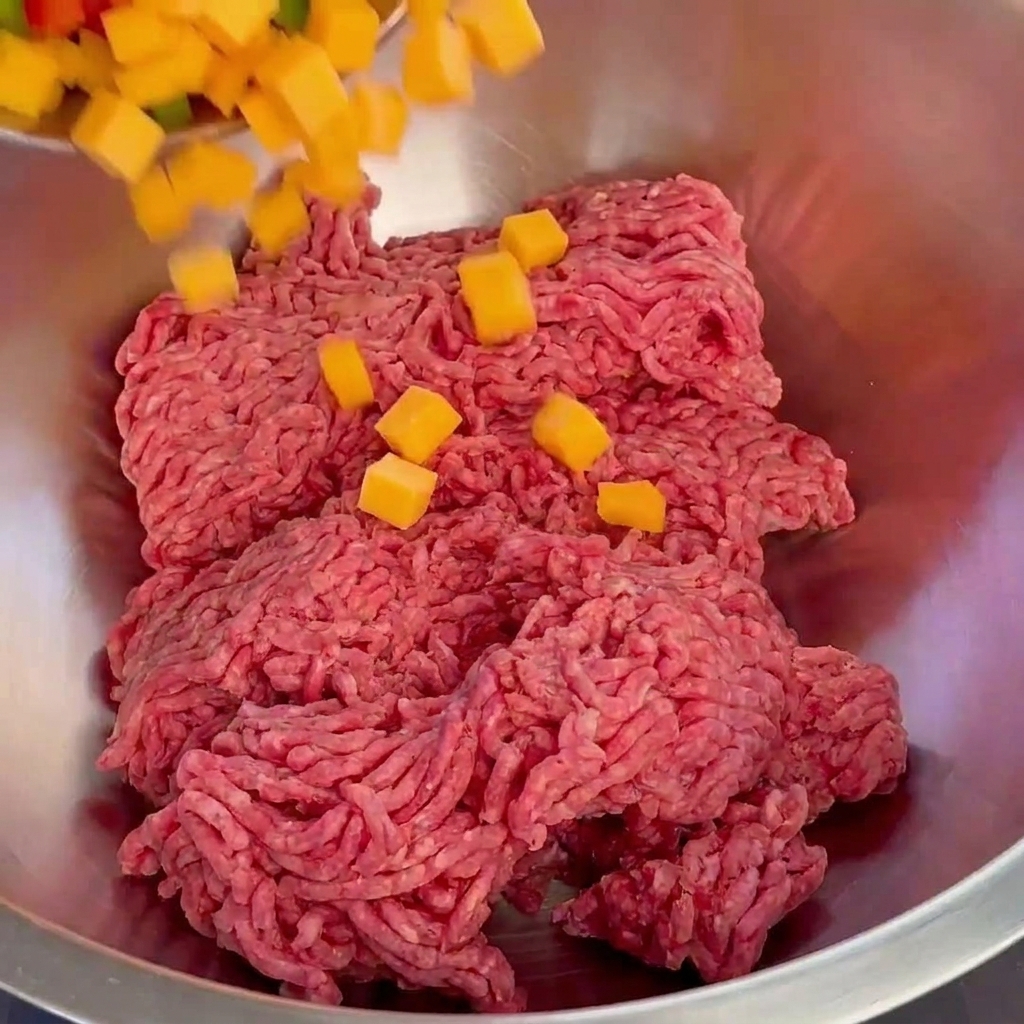 Grüne Paprikawürfel und Cheddar-Käsewürfel werden in einer Metallschüssel zum Rinderhackfleisch gegeben.