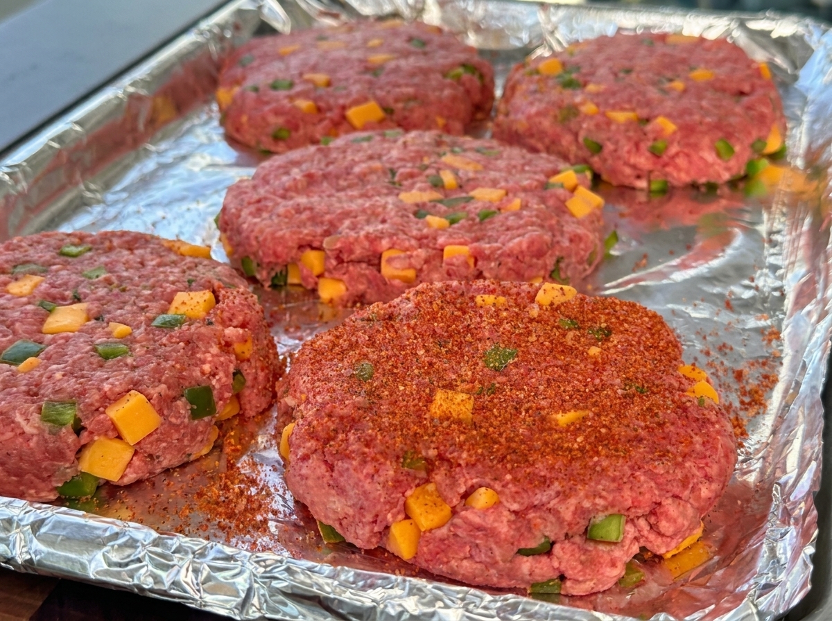 Geformte rohe Rinder-Patties mit sichtbaren Käse- und Paprikawürfeln, gewürzt mit rotem BBQ-Pulver auf einer Alufolie.