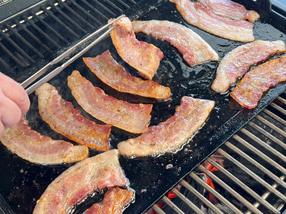 Dicke Baconstreifen braten und knuspern auf einer Grillplatte über offener Flamme, eine Grillzange wendet einen Streifen.