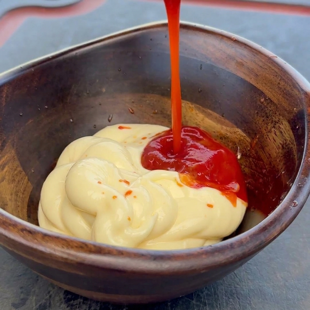 Roter Ketchup wird in eine Holzschüssel gegossen, die mit cremiger Mayonnaise gefüllt ist.