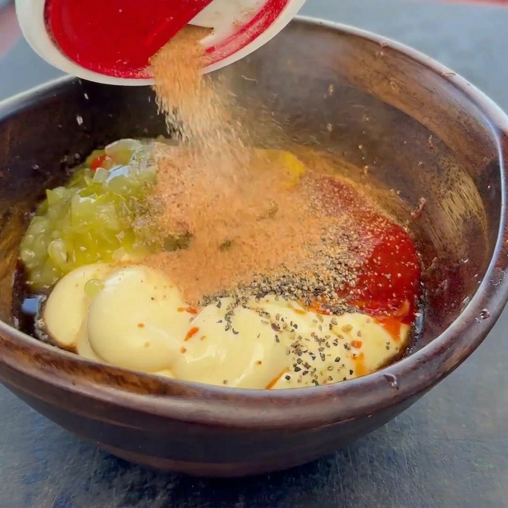 Gewürze werden aus einem Streuer in eine Holzschüssel mit Mayonnaise, Ketchup und Relish gegeben.