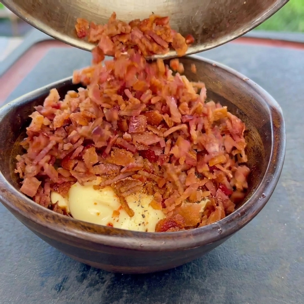 Knusprige, fein gehackte Baconstücke werden in eine Holzschüssel mit der cremigen, gewürzten Saucenmischung gegeben.