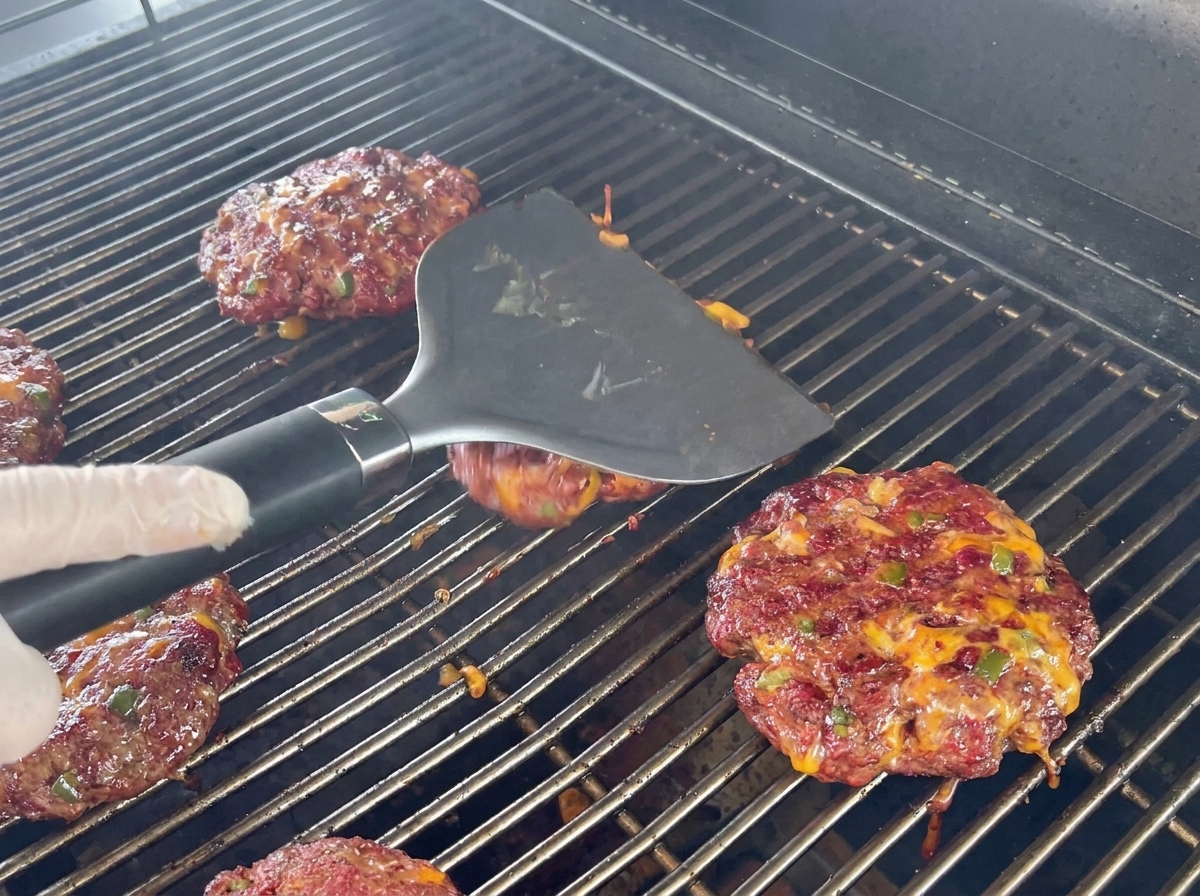 Dicke Rindfleisch-Patties mit Käse und Paprika garen auf einem Grillrost, eine Hand wendet ein Patty mit einem breiten schwarzen Wender.