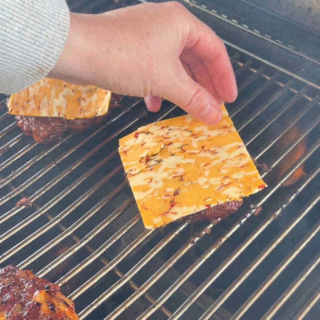 Eine Hand legt vorsichtig eine quadratische Scheibe marmorierten Cheddar-Käse auf ein gebräuntes Rinder-Patty auf dem Grill.