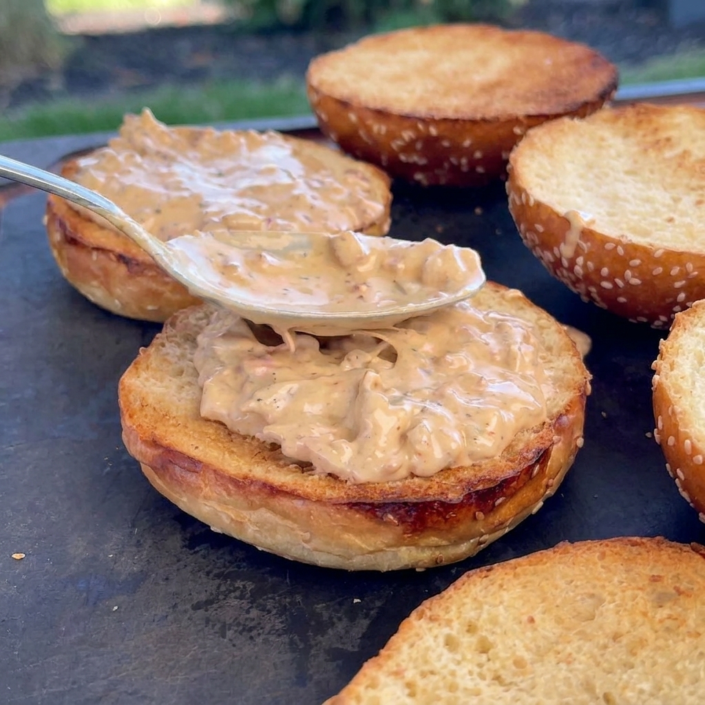 Ein Metalllöffel verstreicht eine dicke Schicht cremiger Bacon-Burgersauce auf getoasteten Sesam-Burgerbrötchen.