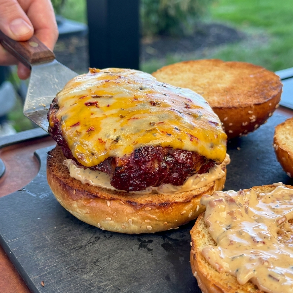 Ein Metallwender legt ein dickes, gegrilltes Rinder-Patty mit geschmolzenem Käse auf ein getoastetes Sesambrötchen mit Sauce.