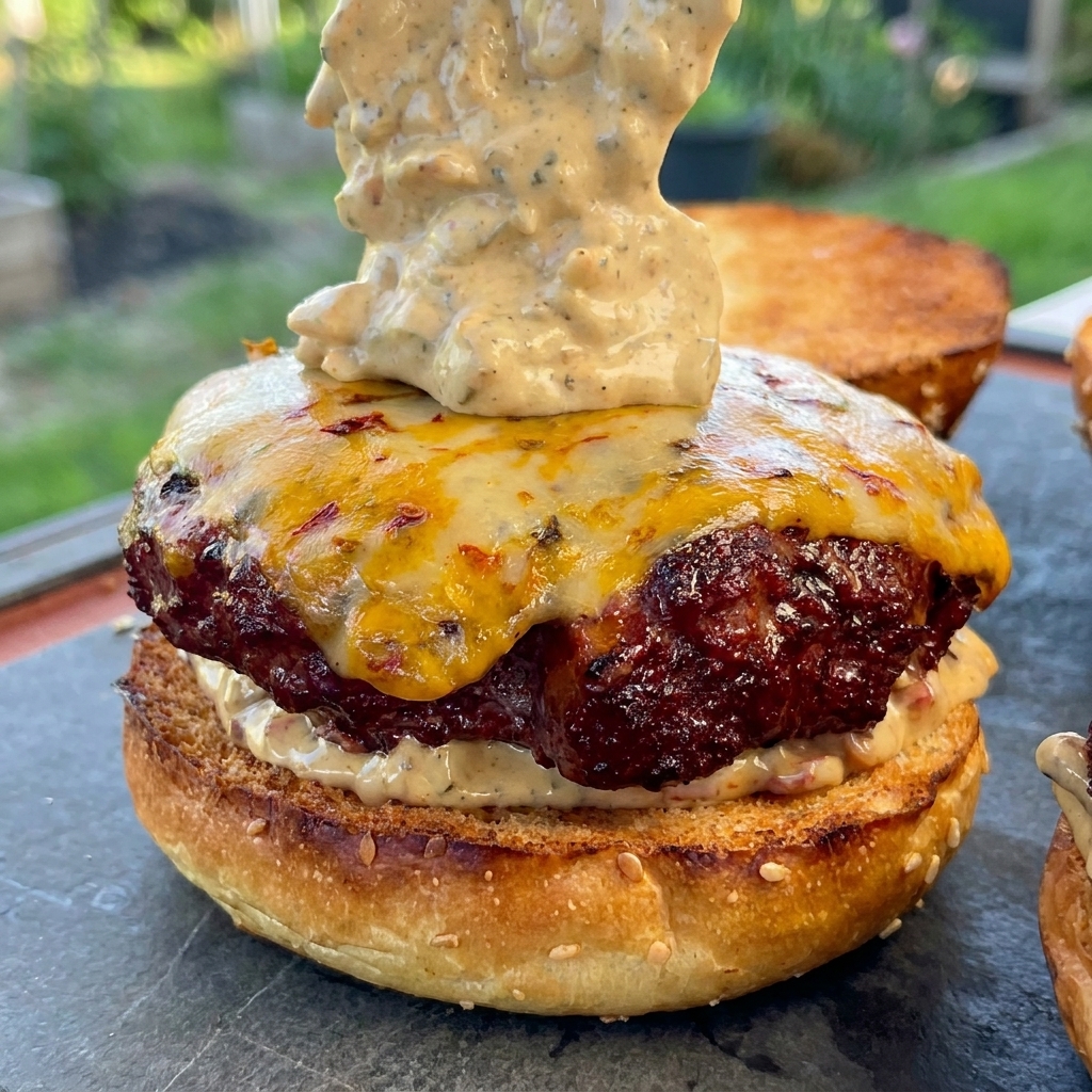 Ein großer Löffel voll cremiger Bacon-Sauce wird auf ein mit geschmolzenem Käse überzogenes Rinder-Patty auf dem Brötchen gegeben.
