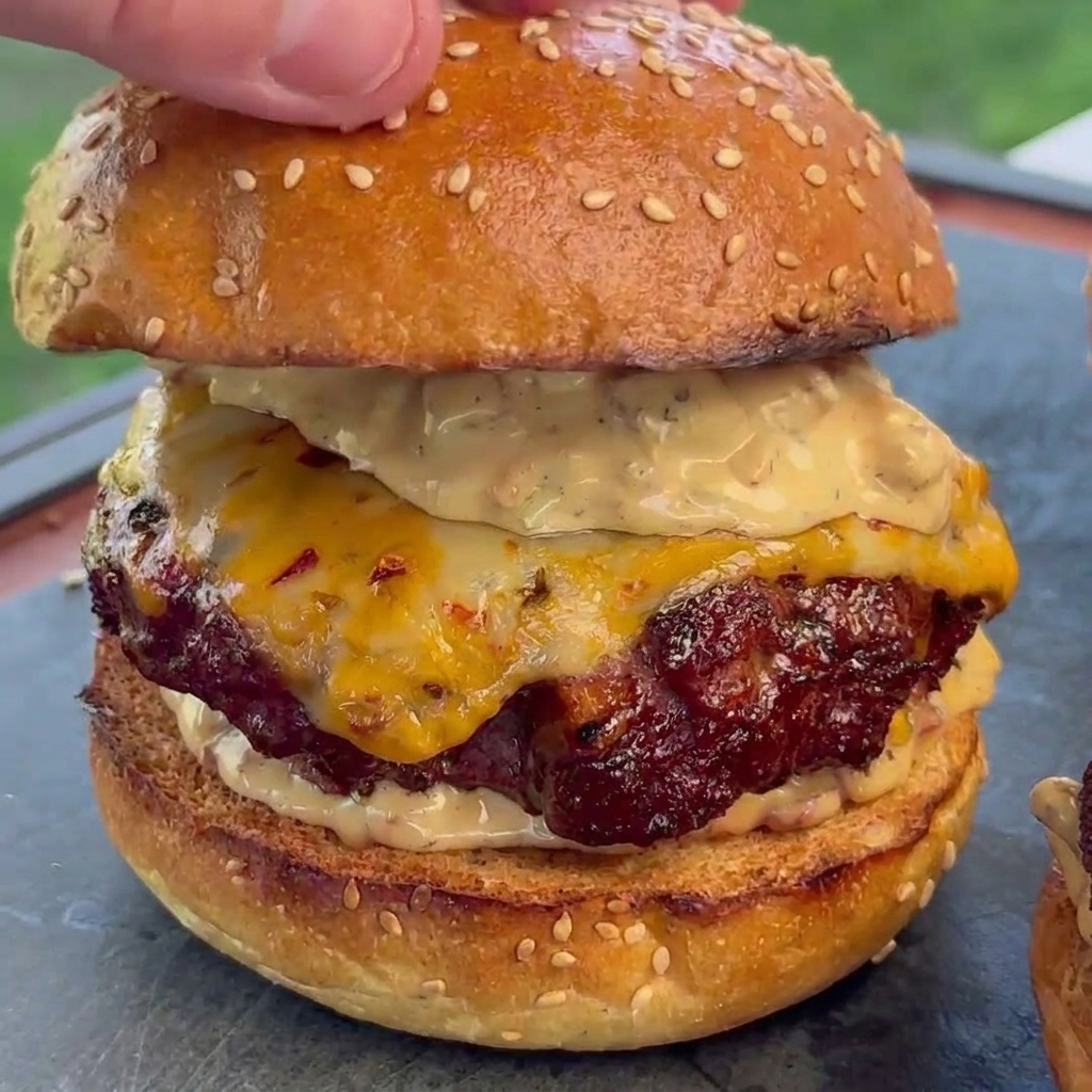 Eine Hand setzt die obere Hälfte eines getoasteten Sesambrötchens auf ein dickes, saftiges Rinder-Patty mit geschmolzenem Käse und Sauce.