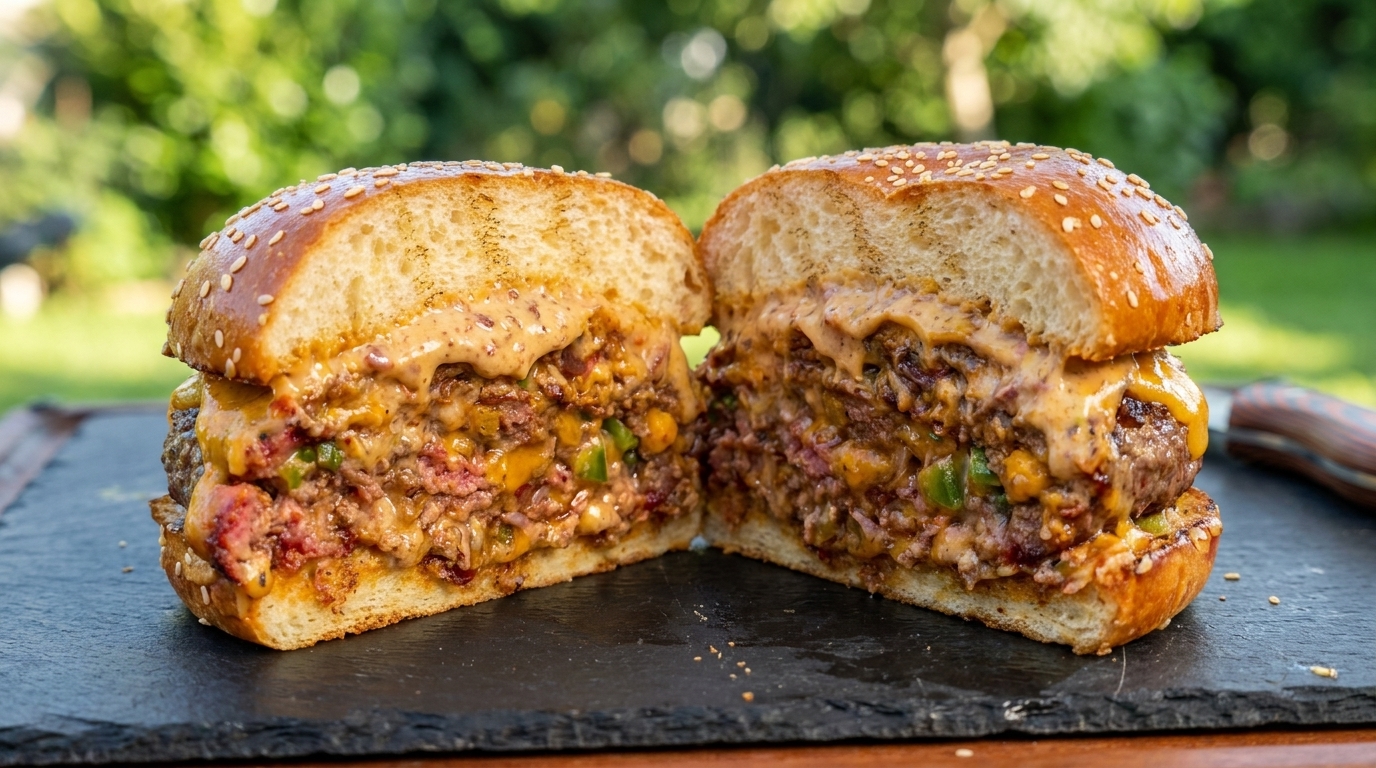 Mexikanischer Smoked Burger mit Bacon und scharfem Rindfleisch