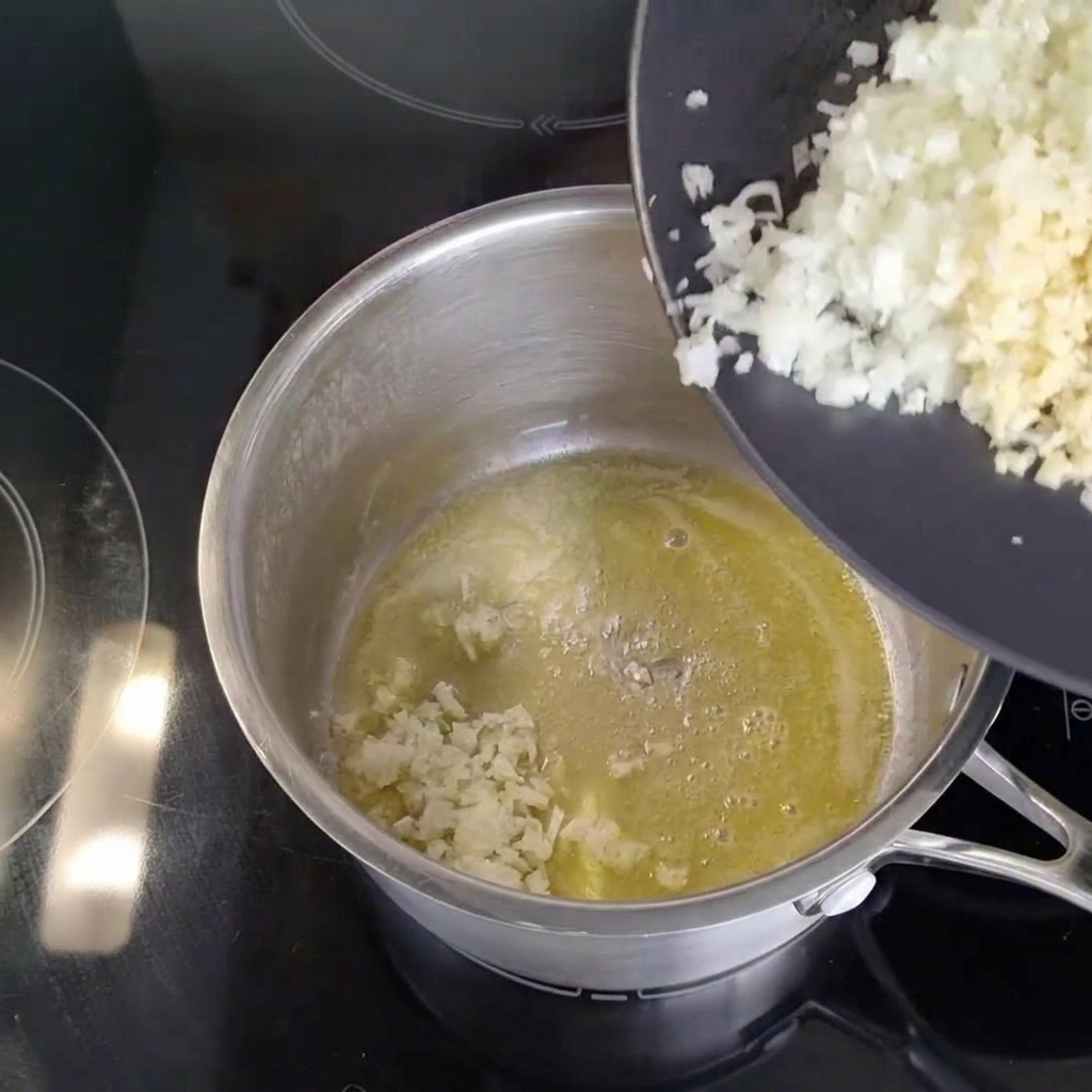 Fein gehackte Zwiebeln und Knoblauch werden von einem schwarzen Teller in einen Topf mit geschmolzener Butter geschoben.