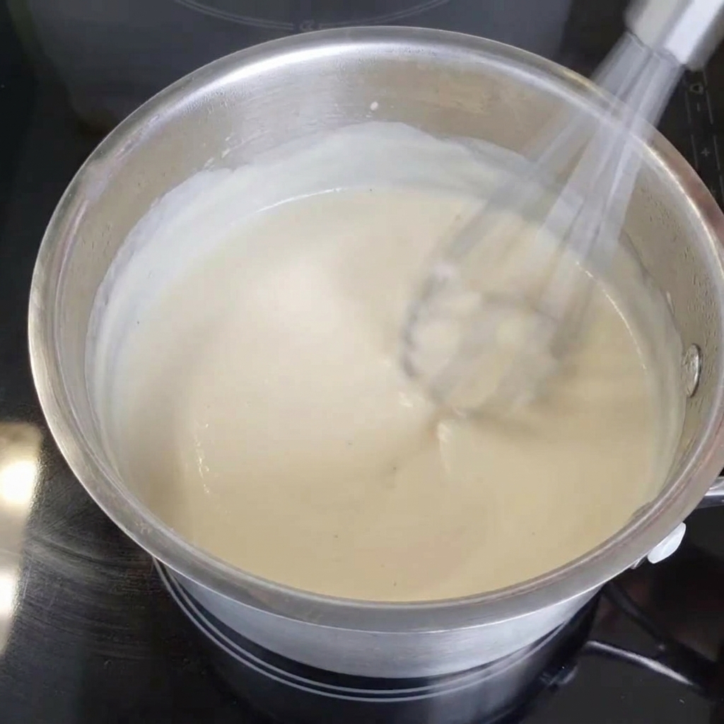 Ein Schneebesen aus Metall rührt eine glatte, cremige weiße Sauce in einem kleinen Edelstahltopf auf einem Induktionskochfeld kräftig um.