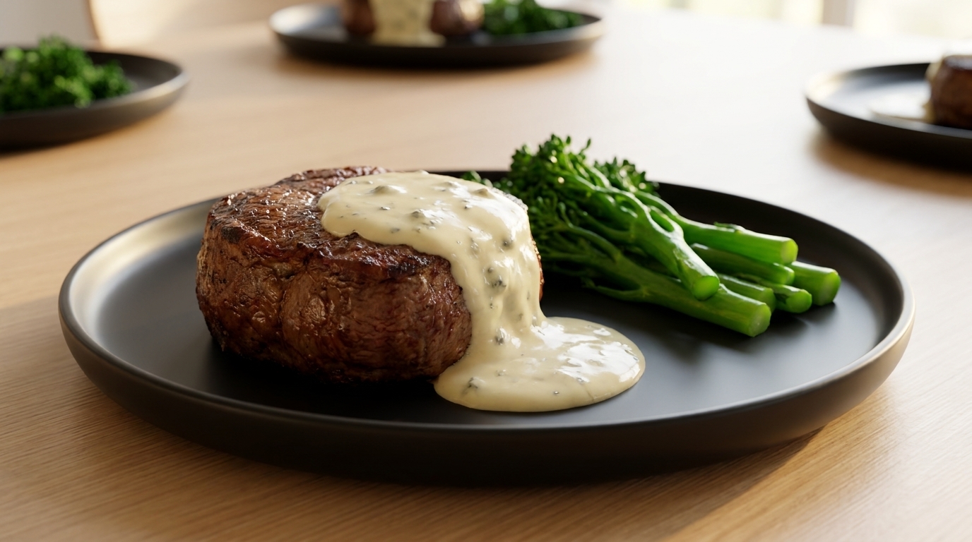 Ein perfekt gebratenes Filet Mignon, überzogen mit einer cremigen Blauschimmelkäsesauce, serviert mit gedämpftem wilden Brokkoli.