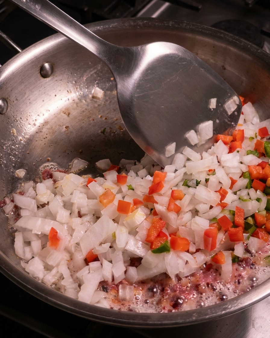 Ein Pfannenwender aus Metall rührt eine bunte Mischung aus Zwiebelwürfeln, Chilis und Bacon in einer Edelstahlpfanne.