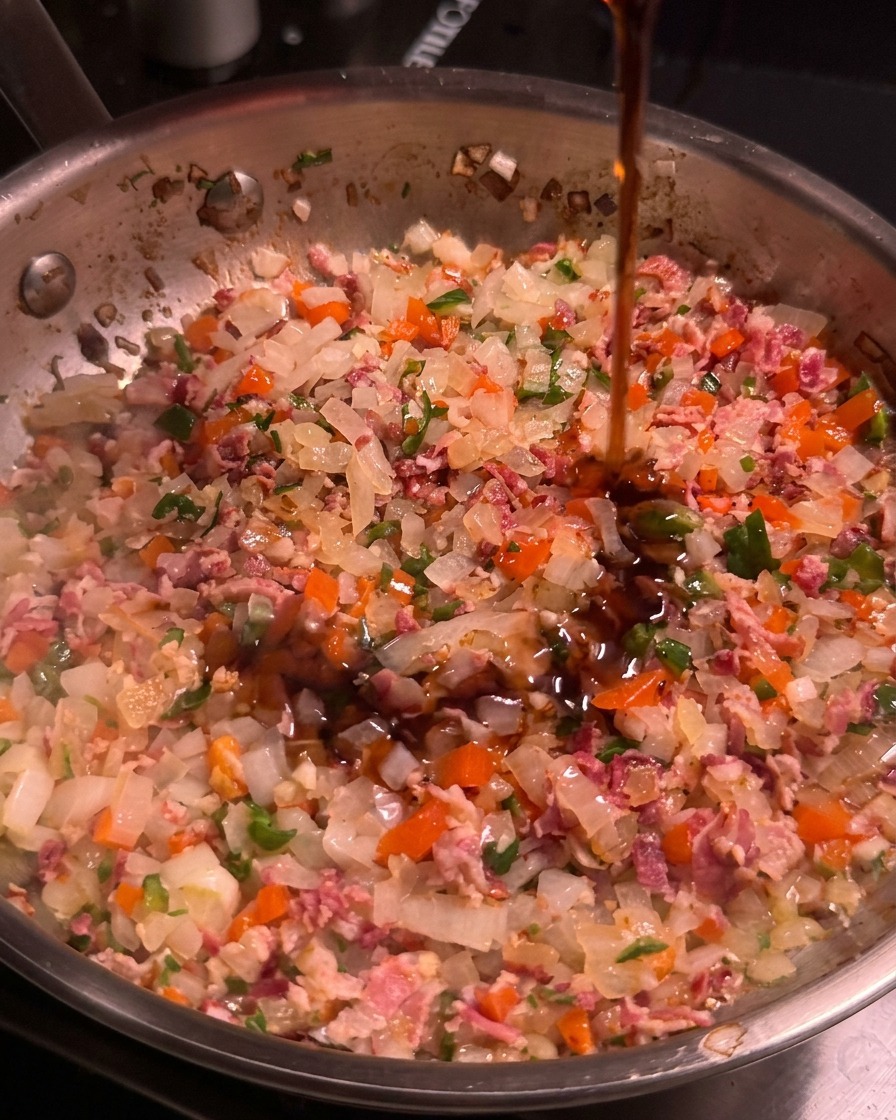 Ahornsirup wird in eine Edelstahlpfanne mit gehacktem Bacon, Zwiebeln und Chilis gegossen.