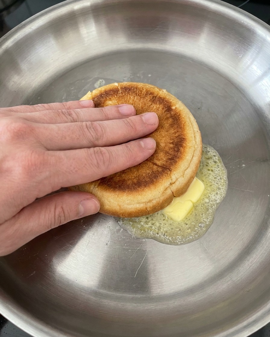 Eine Hand drückt eine Brötchenhälfte mit der Schnittfläche nach unten in schäumende geschmolzene Butter in einer Bratpfanne.