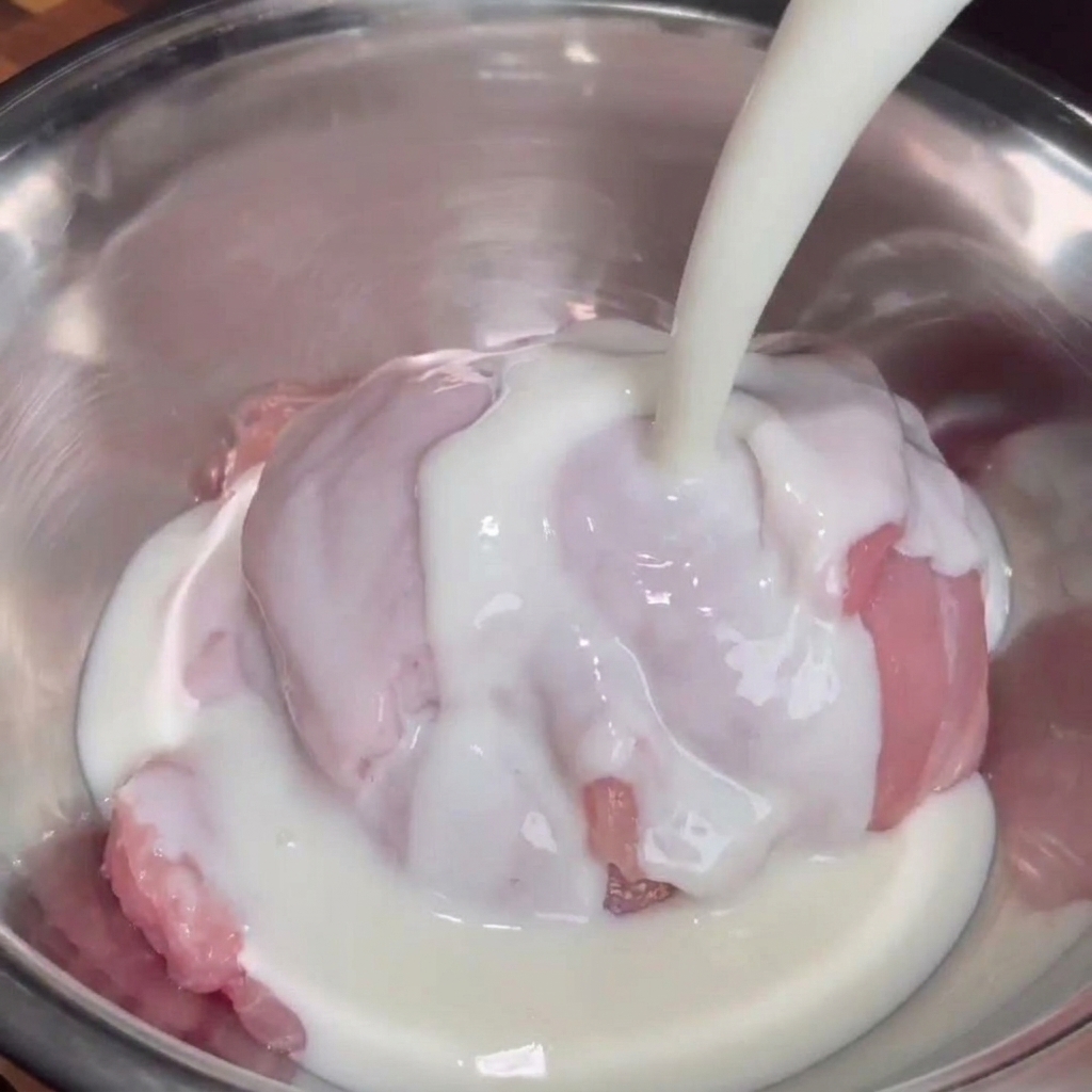 Frische Buttermilch wird aus einer Flasche direkt über die rohen Hähnchenschenkel in der Metallschüssel gegossen.
