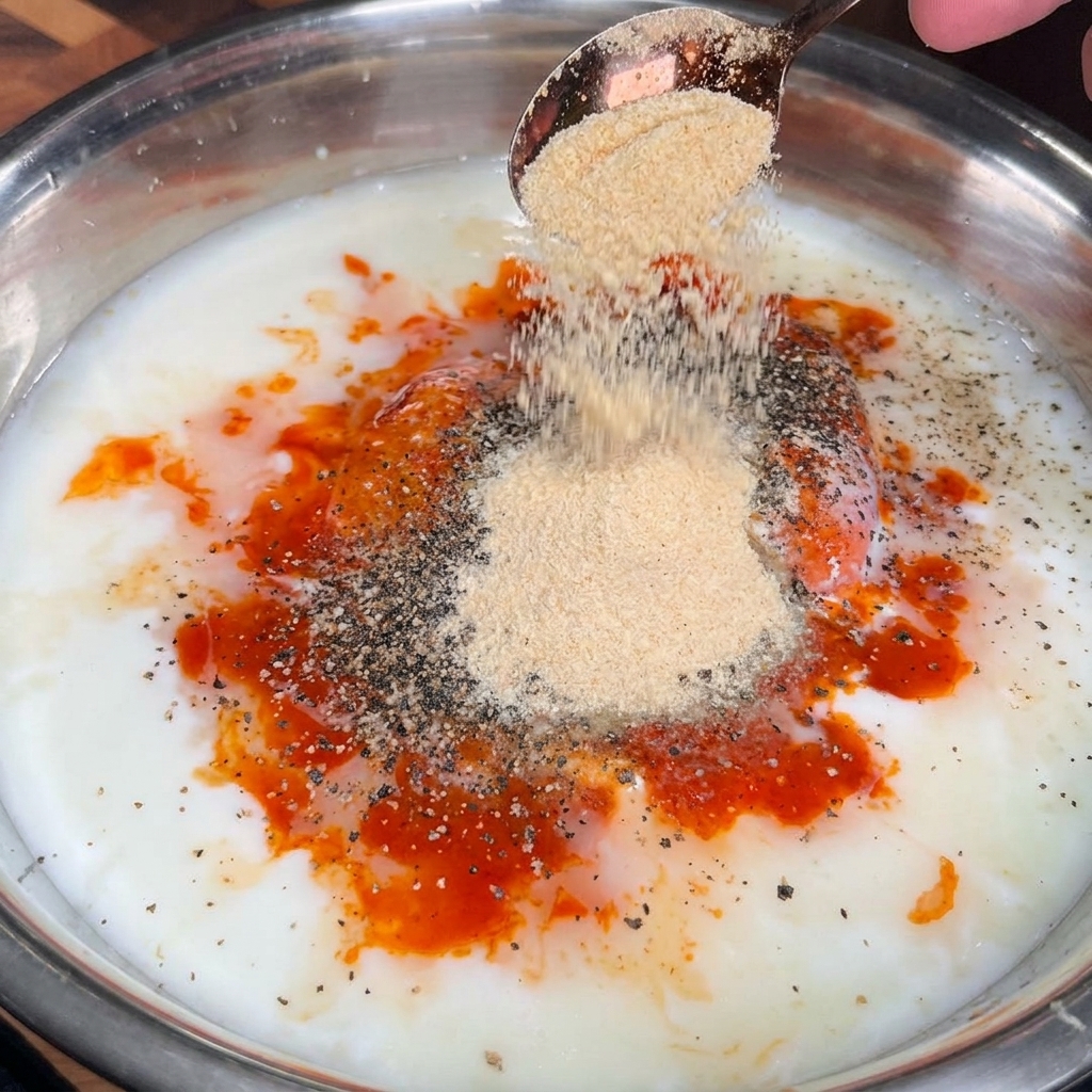 Ein Löffel mit Knoblauch- und Zwiebelpulver wird in eine große Schüssel mit Hähnchen, Buttermilch und leuchtend roter Hot Sauce gegeben.