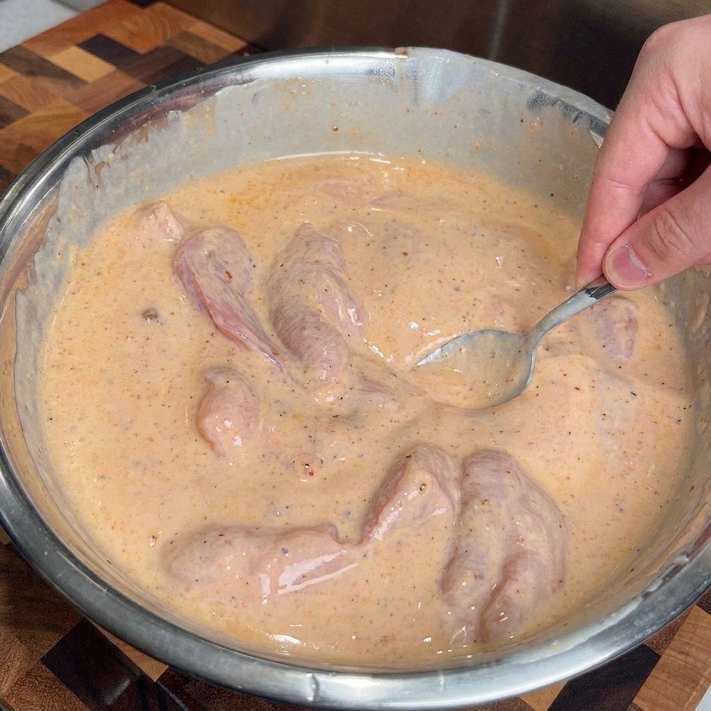 Eine Hand rührt mit einem Löffel die gewürzte Buttermilch-Marinade und das rohe Fleisch in einer Edelstahlschüssel um.