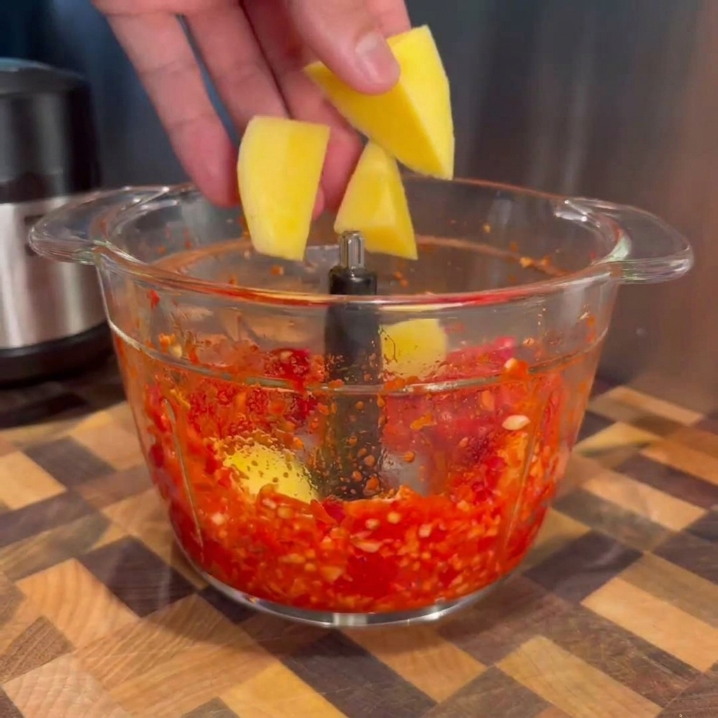 Stücke einer frischen gelben Mango werden zu der leuchtend roten Chilipaste in die Küchenmaschine gegeben.