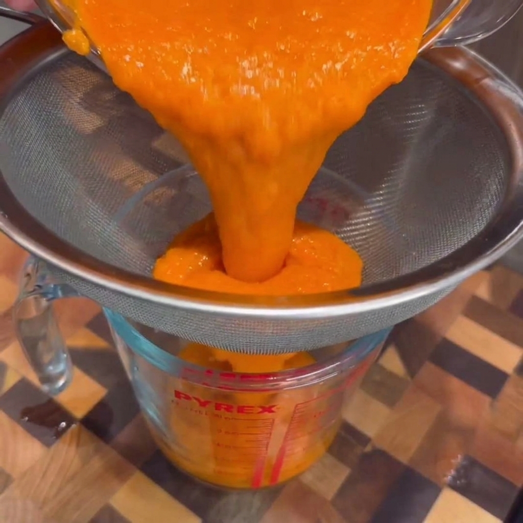 Die glatte, leuchtend orangefarbene Hot Sauce wird durch ein feines Metallsieb in einen Messbecher aus Glas gestrichen.