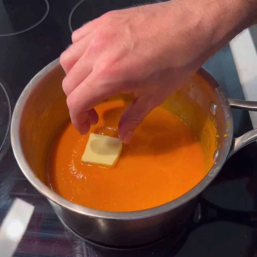 Eine Hand gibt ein dickes Stück Butter in die orangefarbene, köchelnde Hot Sauce im Edelstahltopf.