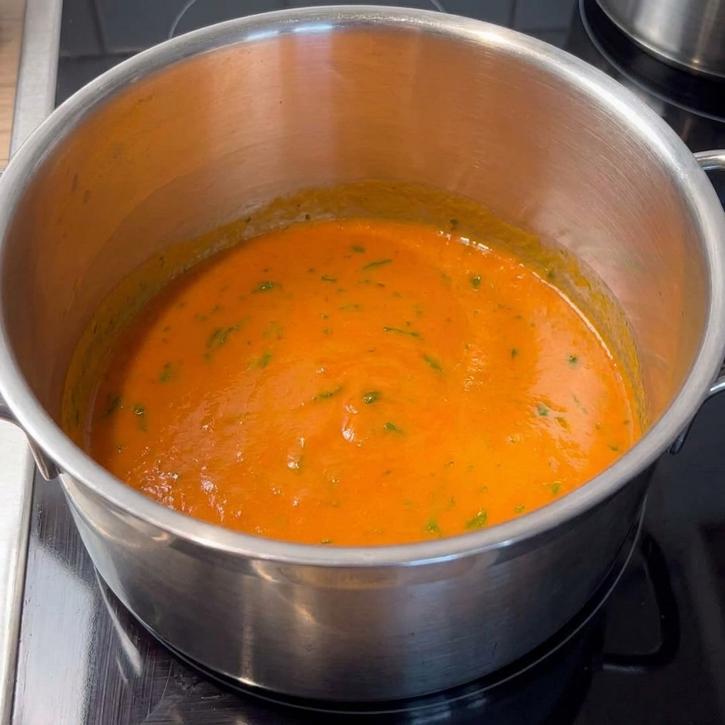 Ein Edelstahltopf auf dem Herd, gefüllt mit einer sämigen, glänzenden, orangefarbenen Buffalo Sauce, in der fein gehackter grüner Schnittlauch schwimmt.