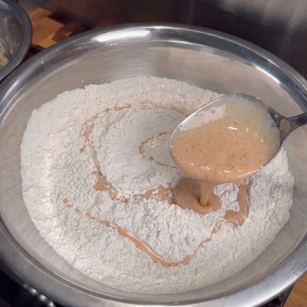 Ein Metalllöffel tropft die cremige, orangefarbene Buttermilch-Marinade in eine große Schüssel mit weißem Mehl, um kleine Mehlklümpchen zu bilden.
