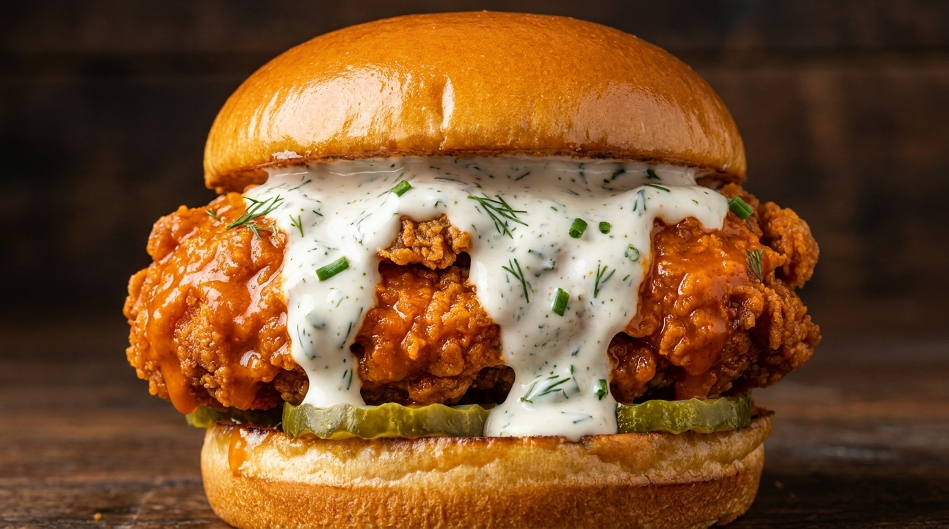 Ein Gourmet Buffalo Fried Chicken Burger mit einem extrem knusprigen Hähnchenschenkel, überzogen mit leuchtend oranger Hot Sauce und cremigem Dill-Ranch-Dressing auf einem getoasteten Brioche-Bun.