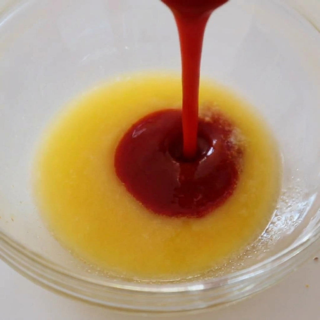 Ein Strahl leuchtend roter Buffalo-Sauce wird in eine klare Schüssel mit flüssiger, geschmolzener Butter gegossen.