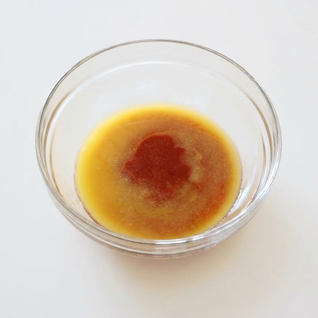 Feines weißes Knoblauchpulver und Salzstreusel auf der Oberfläche von Buffalo-Sauce und geschmolzener Butter in einer Schüssel.