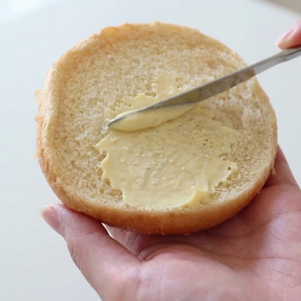 Eine Hand hält eine Burgerbrötchen-Hälfte, während ein Buttermesser eine Schicht cremige Mayonnaise auf der Oberfläche verstreicht.