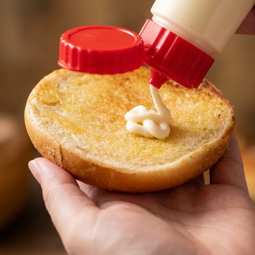 Eine Hand drückt cremige Mayonnaise aus einer Flasche auf ein getoastetes, goldbraunes Burgerbrötchen.