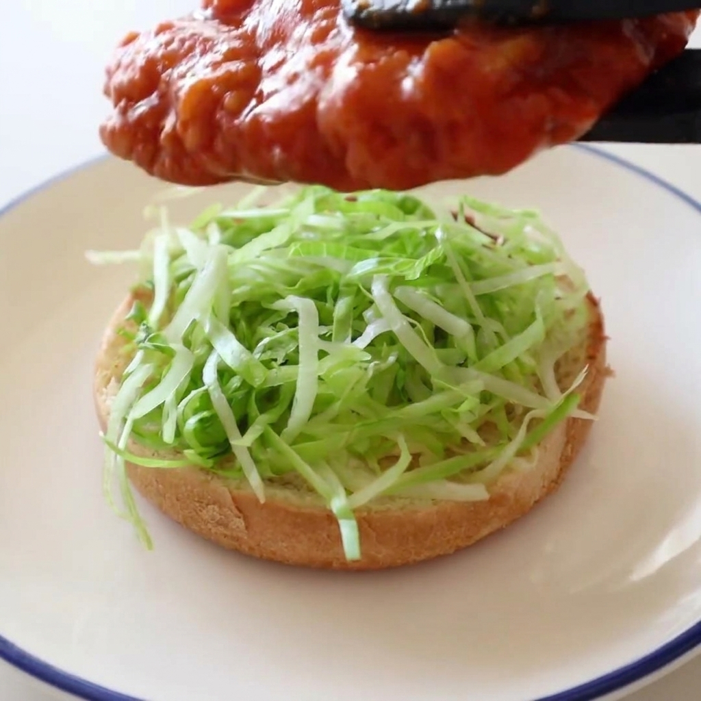 Eine schwarze Zange hält ein leuchtend rotes, mit Buffalo-Sauce überzogenes Hähnchenfilet knapp über ein Burgerbrötchen mit Salat.