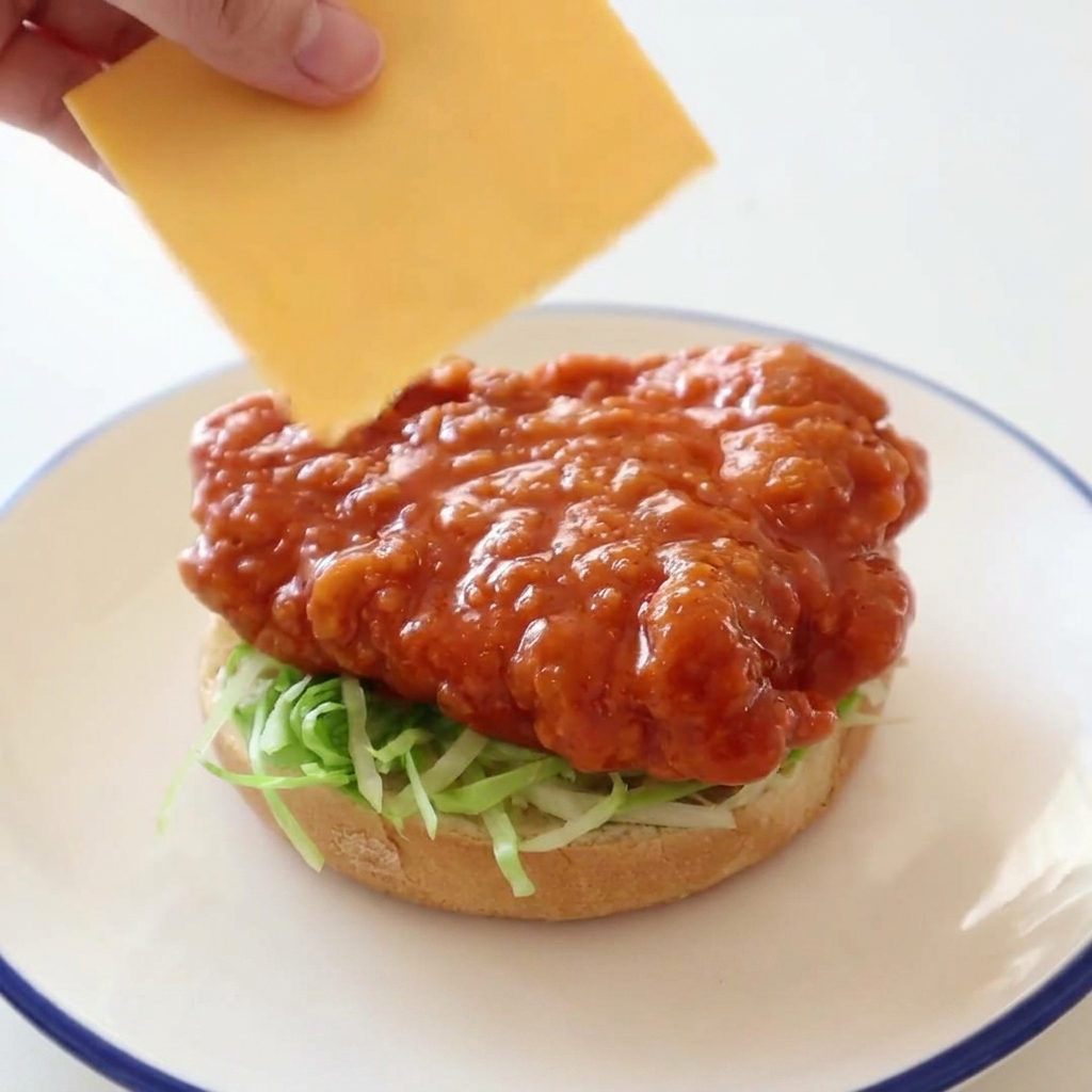 Eine Hand legt eine quadratische Scheibe Cheddar auf ein mit Buffalo-Sauce überzogenes Hähnchenfilet.