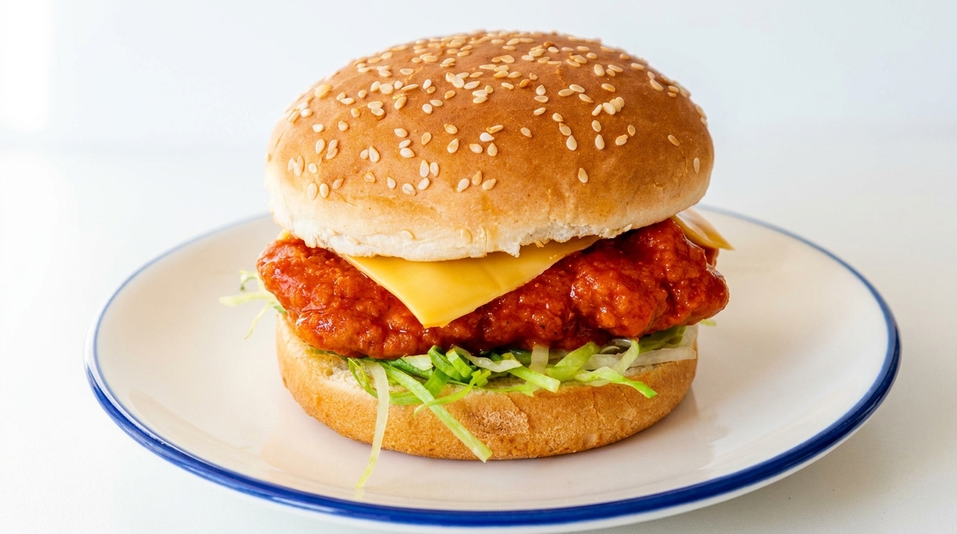 Knuspriger Buffalo-Chicken-Burger mit Cheddar